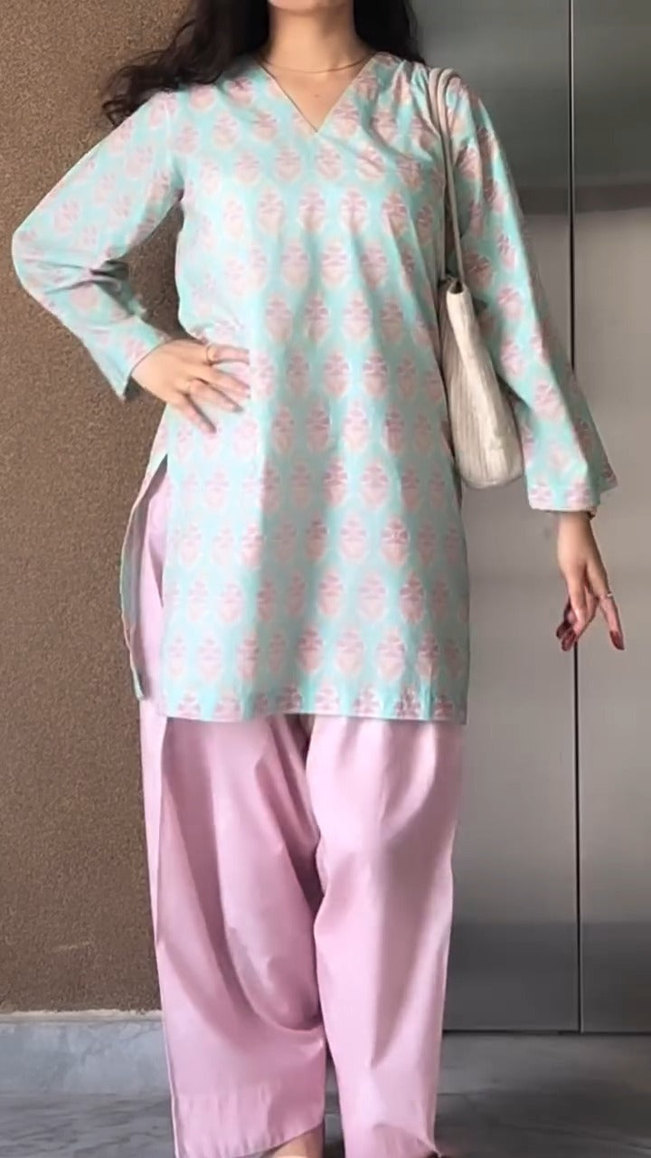 Seafoam Floral Cotton Kurta with Contrast Blush Pink Farshi Salwar