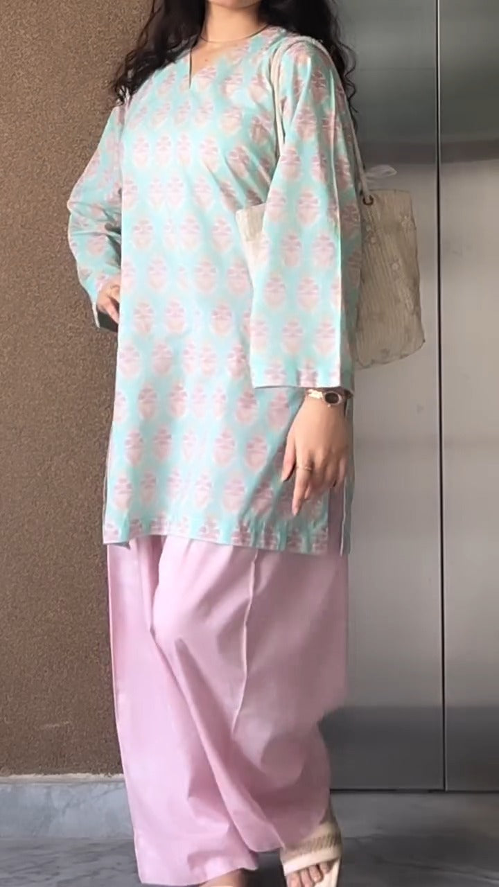 Seafoam Floral Cotton Kurta with Contrast Blush Pink Farshi Salwar