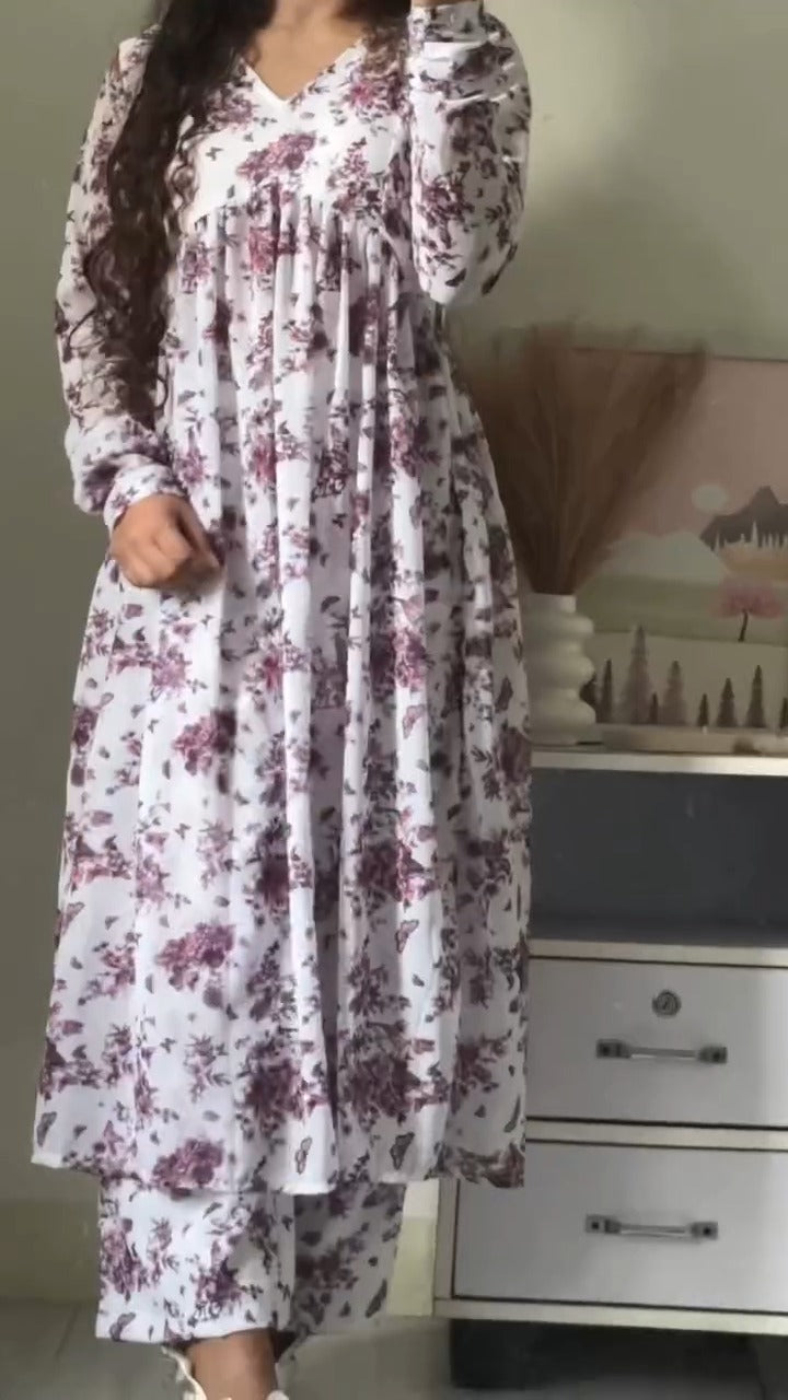 Rose Blossom Georgette Naira Cut Kurta Pant Set