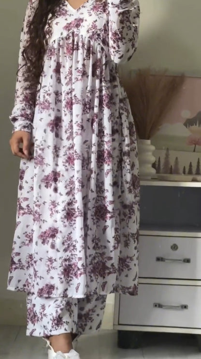 Rose Blossom Georgette Naira Cut Kurta Pant Set