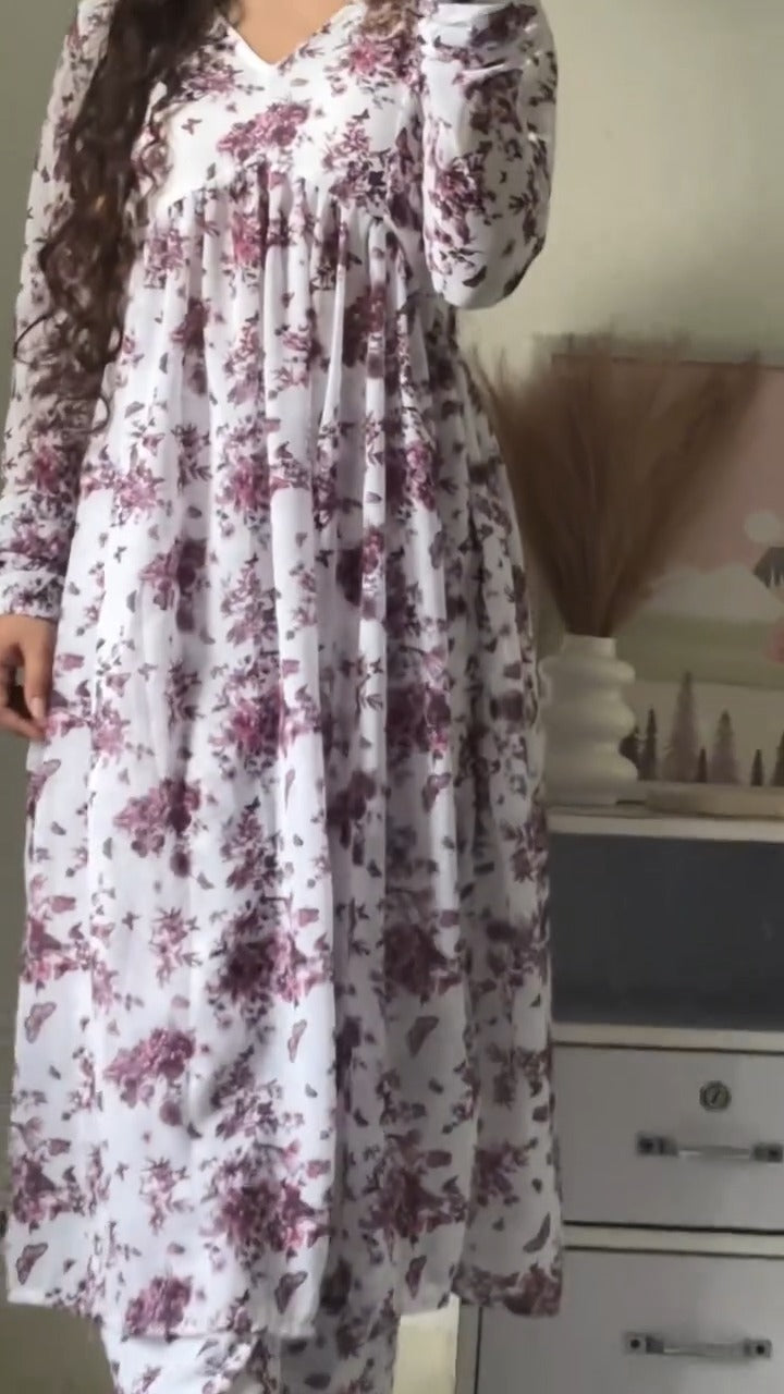 Rose Blossom Georgette Naira Cut Kurta Pant Set