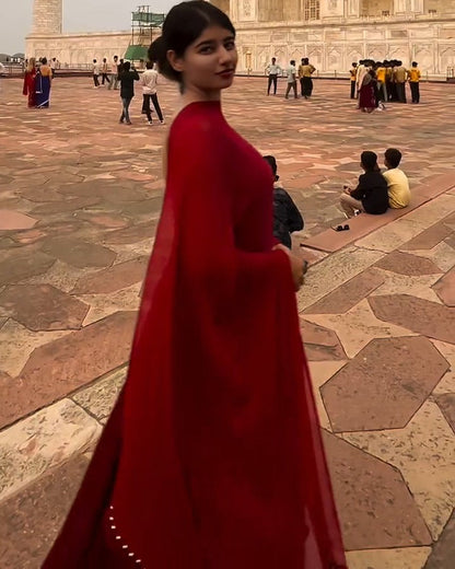 Glamorous Backless Georgette Anarkali Set with Square Neck & Border Dupatta