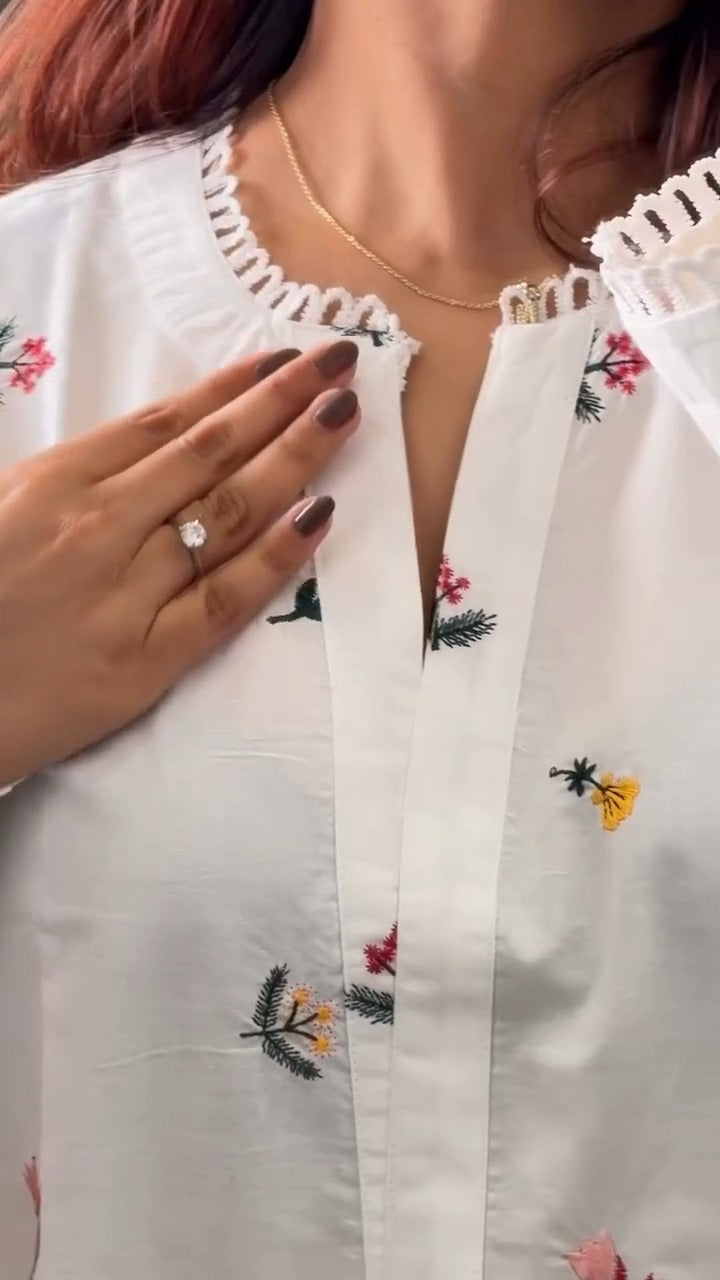White Floral Embroidered Cotton Kurta Farshi Set | XS–5XL