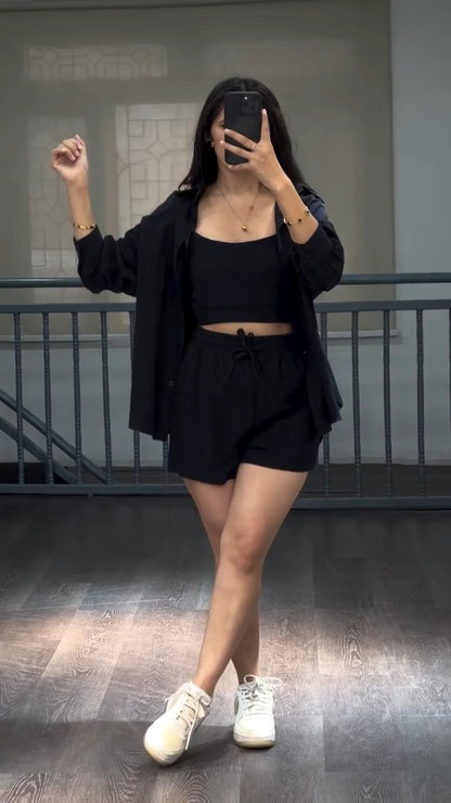 3-Piece Oversized Cotton Shirt & Shorts Co-ord Set | Perfect for Travel