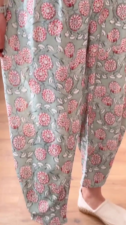 White Peplum Top & Green Floral Printed Salwar Pant Set | Breezy Summer Ethnic Wear for Women