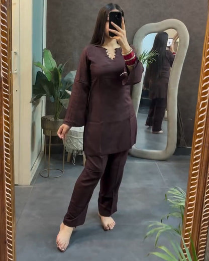 Brown Siya Mul Cotton Co-ord Set | Notched Criss-Cross Neck & Bell Sleeves