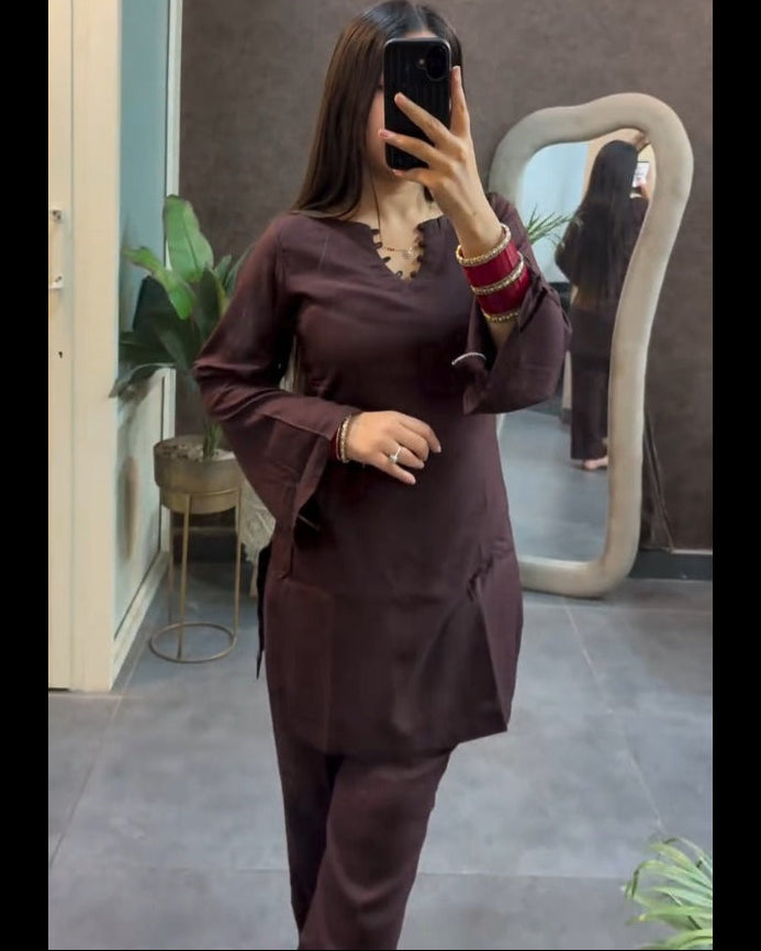 Brown Siya Mul Cotton Co-ord Set | Notched Criss-Cross Neck & Bell Sleeves