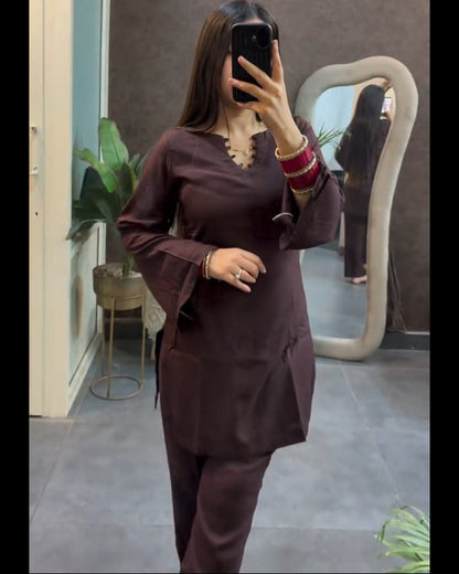 Brown Siya Mul Cotton Co-ord Set | Notched Criss-Cross Neck & Bell Sleeves