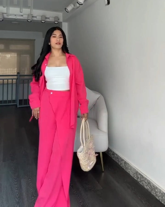 Solid Baggy Co-ord Set for Women | Wrap-Style Slit Palazzo & Top | Fuchsia Pink, Fire Orange, Cream