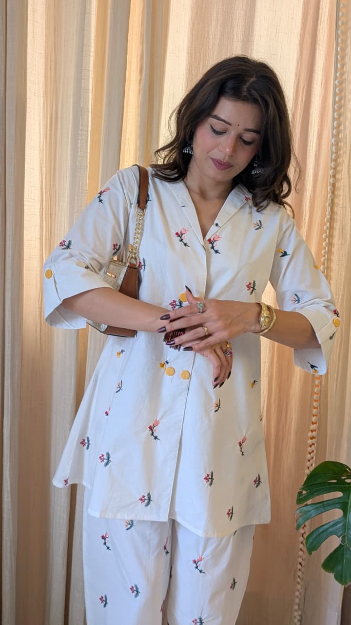 Pristine White Embroidered Cotton Co-ord Set with Notch Collar & Fold-Up Sleeves