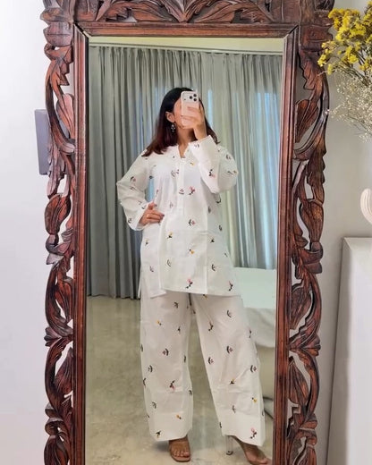 White Floral Embroidered Cotton Kurta Farshi Set | XS–5XL