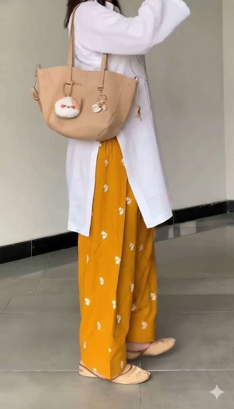 Person wearing a white shirt and yellow patterned pants with a beige handbag.