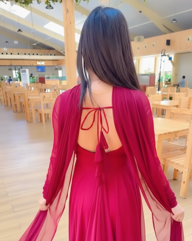 Woman wearing a red dress with sheer sleeves in an indoor setting