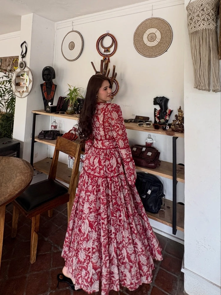 Floral Cotton Mul Maxi Sundress with Traditional Bird Motifs & Bell Sleeves