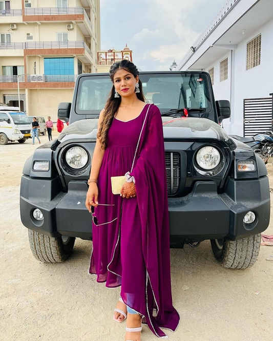 Stylish Wine Georgette Naira Cut Kurta with Dupatta - Vastramaniaa