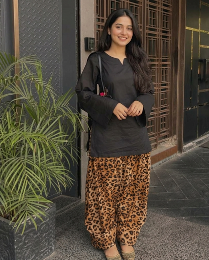 Black Rayon Short Kurti & Animal Print Farshi Set