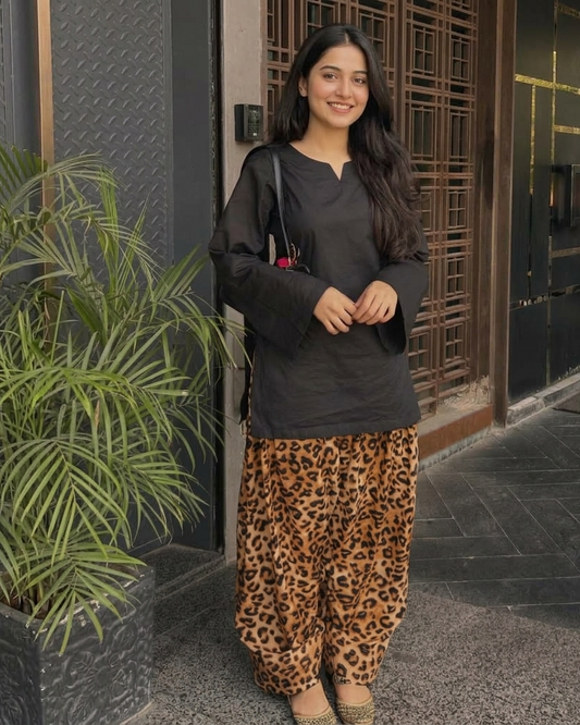 Black Rayon Short Kurti & Animal Print Farshi Set